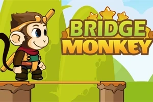 Mono caricaturesco con un bastón sobre una plataforma de madera frente a un fondo de colinas verdes y cielo azul, con el texto Bridge Monkey en grande