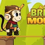 Mono caricaturesco con un bastón sobre una plataforma de madera frente a un fondo de colinas verdes y cielo azul, con el texto Bridge Monkey en grande
