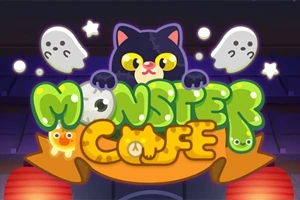 Gato negro con ojos grandes rodeado de fantasmas y estrellas sobre un letrero colorido que dice Monster Cafe
