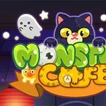 Gato negro con ojos grandes rodeado de fantasmas y estrellas sobre un letrero colorido que dice Monster Cafe