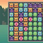 Cuadro con filas de monstruos coloridos y números sobre un fondo de bosque al atardecer