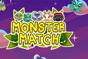 Ilustración colorida con criaturas fantásticas y el texto Monster Match en un fondo púrpura estrellado
