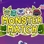 Ilustración colorida con criaturas fantásticas y el texto Monster Match en un fondo púrpura estrellado