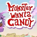Monstruo púrpura con cara graciosa y texto rojo sobre fondo colorido de nubes y caramelos