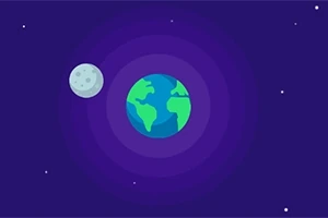 La imagen muestra un diseño animado de la Tierra con la Luna en el espacio, rodeados de estrellas sobre un fondo oscuro