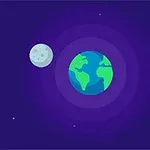 La imagen muestra un diseño animado de la Tierra con la Luna en el espacio, rodeados de estrellas sobre un fondo oscuro