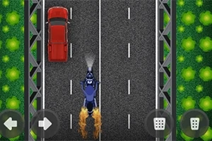 Motocicleta azul a toda velocidad en carretera de dos carriles con un coche rojo adelantado, rodeada de controles en pantalla