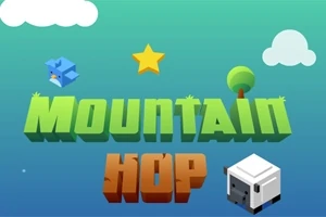 Fondo azul con un texto en 3D que dice Mountain Hop, acompañado de un pájaro azul, una estrella dorada, un árbol y un cubo blanco con cara en las esquinas