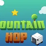 Fondo azul con un texto en 3D que dice Mountain Hop, acompañado de un pájaro azul, una estrella dorada, un árbol y un cubo blanco con cara en las esquinas