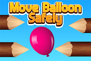 Globo rosa en el centro rodeado de cuatro troncos con puntas afiladas y el texto Move Balloon Safely en la parte superior