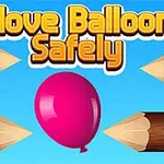 Globo rosa en el centro rodeado de cuatro troncos con puntas afiladas y el texto Move Balloon Safely en la parte superior