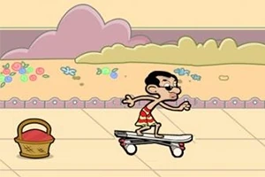 Un personaje animado en calzones rojos anda en patineta por un camino con un cesto cercano, en un entorno con fondo colorido