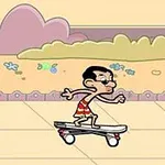 Un personaje animado en calzones rojos anda en patineta por un camino con un cesto cercano, en un entorno con fondo colorido
