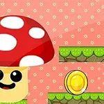 Hongo rojo con puntos blancos, cara sonriente y una moneda dorada en un fondo de plataformas verdes y patrón rosado