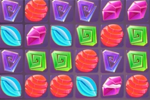 Patrón de gemas y caramelos de colores brillantes en una cuadrícula púrpura