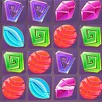 Patrón de gemas y caramelos de colores brillantes en una cuadrícula púrpura