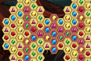 Patrón de hexágonos dorados llenos de joyas de colores brillantes en distintos arreglos geométricos