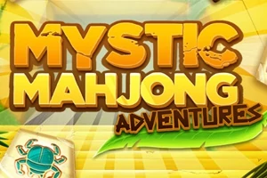 Texto colorido Mystic Mahjong Adventures sobre un fondo amarillo con una ficha de Mahjong que muestra un cangrejo