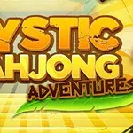 Texto colorido Mystic Mahjong Adventures sobre un fondo amarillo con una ficha de Mahjong que muestra un cangrejo