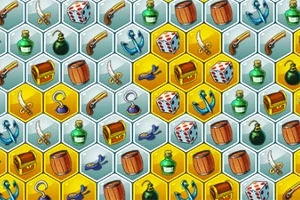 Patrón hexagonal colorido con íconos de objetos como barriles, cofres, dagas, anclas y dados sobre un fondo azul y amarillo