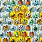 Patrón hexagonal colorido con íconos de objetos como barriles, cofres, dagas, anclas y dados sobre un fondo azul y amarillo