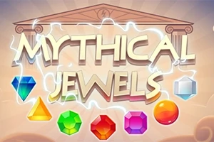 Título Mythical Jewels rodeado de joyas coloridas y un fondo que simula un templo antiguo