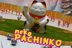 Gato de la suerte japonés rodeado de pelotas de pachinko con texto colorido neko PACHINKO