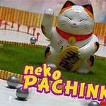Gato de la suerte japonés rodeado de pelotas de pachinko con texto colorido neko PACHINKO