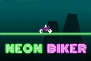 Motocicleta púrpura sobre una línea verde brillante con letras NEON BIKER en neón delante de un fondo oscuro