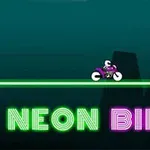 Motocicleta púrpura sobre una línea verde brillante con letras NEON BIKER en neón delante de un fondo oscuro