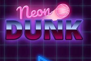 Texto Neon Dunk en colores neón con un fondo de cuadrícula azul oscuro y un balón de baloncesto estilizado
