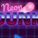 Texto Neon Dunk en colores neón con un fondo de cuadrícula azul oscuro y un balón de baloncesto estilizado