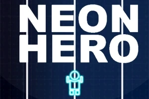 Texto NEON HERO en blanco sobre fondo azul oscuro con líneas verticales y un ícono de figura de robot en estilo neón azul