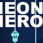 Texto NEON HERO en blanco sobre fondo azul oscuro con líneas verticales y un ícono de figura de robot en estilo neón azul