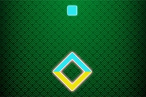 Fondo verde con patrón geométrico, un cuadrado azul pequeño en la parte superior y un rombo blanco y amarillo en el centro