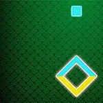 Fondo verde con patrón geométrico, un cuadrado azul pequeño en la parte superior y un rombo blanco y amarillo en el centro