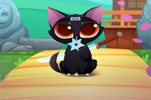 Un gato negro con grandes ojos anaranjados y una estrella ninja en el pecho, sentado en un camino de madera, con un fondo de jardín japonés y pétalos flotando