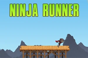 Ninja corriendo encima de una plataforma de madera con montañas de fondo y texto Ninja Runner en la parte superior