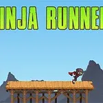 Ninja corriendo encima de una plataforma de madera con montañas de fondo y texto Ninja Runner en la parte superior