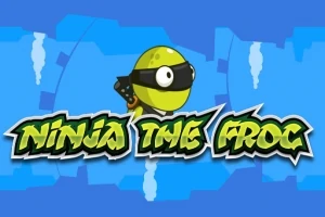 Fondo azul con un personaje de rana ninja verde con una banda negra y el texto Ninja the Frog en letras estilizadas