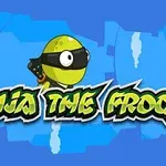 Fondo azul con un personaje de rana ninja verde con una banda negra y el texto Ninja the Frog en letras estilizadas