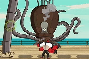 Una figura humana de pie en una plataforma al frente de una gran máquina con tentáculos y humo saliendo en un entorno junto al mar