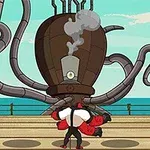 Una figura humana de pie en una plataforma al frente de una gran máquina con tentáculos y humo saliendo en un entorno junto al mar