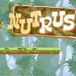 Una ardilla animada corre sobre una plataforma de madera en un bosque, con un letrero que dice Nut Rush