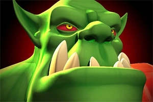 Orco verde de caricatura con colmillos grandes y ojos rojos sobre fondo oscuro