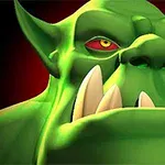 Orco verde de caricatura con colmillos grandes y ojos rojos sobre fondo oscuro