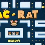 Título Pac Rat con un laberinto azul, un personaje central de ratón y quesos dispersos