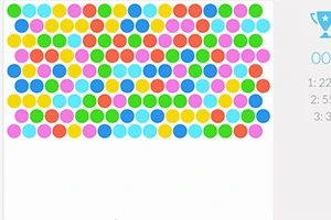 Círculos de colores brillantes organizados en filas sobre un fondo blanco con cronómetro a la derecha