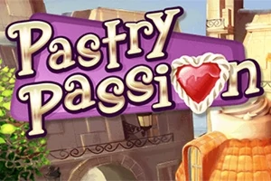 Texto estilizado que dice Pastry Passion con un corazón decorado como postre, sobre un fondo de arquitectura y cielo azul