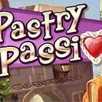Texto estilizado que dice Pastry Passion con un corazón decorado como postre, sobre un fondo de arquitectura y cielo azul